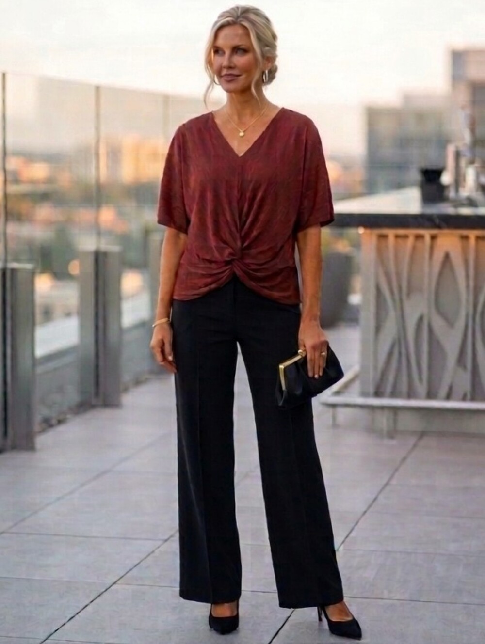 Fyve Maroon Crinkle Plisse Twist Front V-Neck Top Size XL